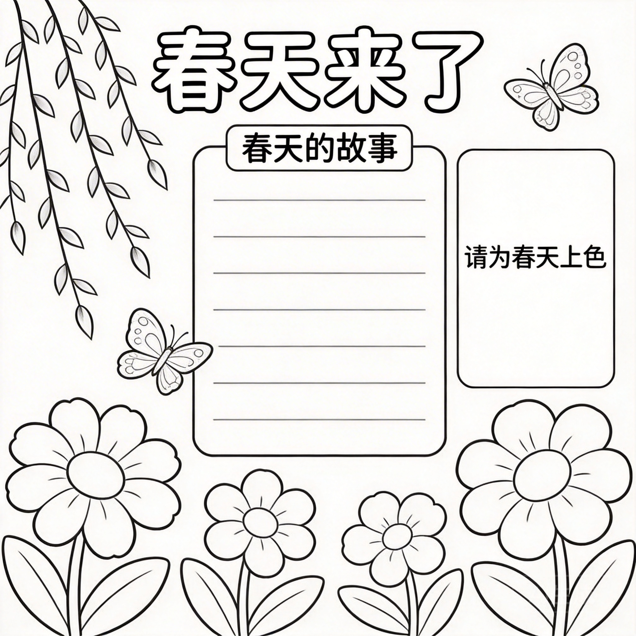 春天主题手抄报线稿